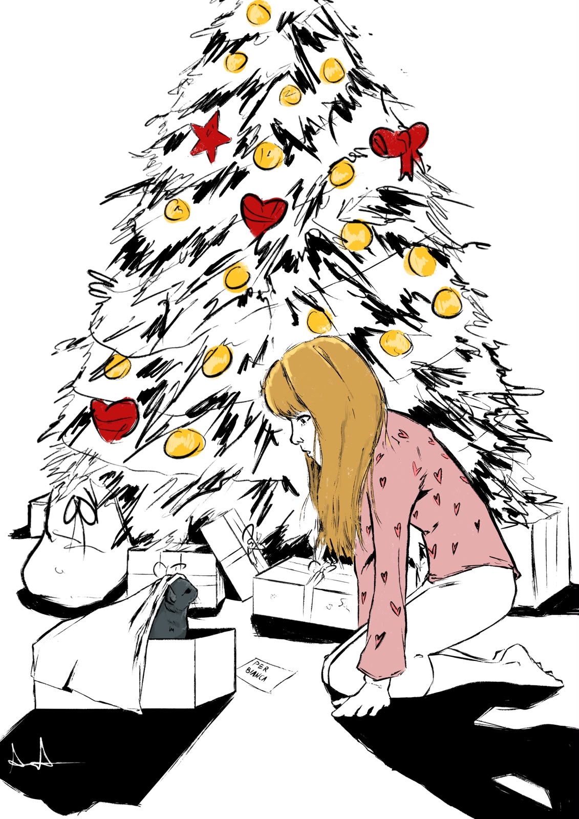 Illustrazione del racconto numero 2: una ragazza e Nanette davanti all'albero di Natale